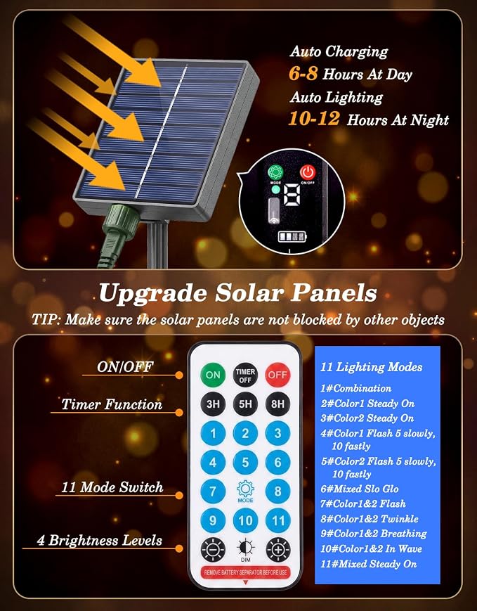 2 Pack 200LED Solar Christmas String Lights Outdoor Waterproof | Total 132FT Twinkle Lights with 8 Lighting Modes Remote for Outside Christmas Trees Decorations, Warm White & Multicolor
