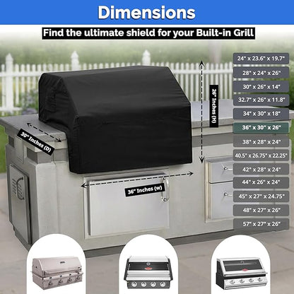 Covers & All Built-in Grill Cover for Outdoor Grill – Heavy Duty 12 oz Waterproof Built-in BBQ Grill Cover, PVC-Coated Polyester with Elastic Hem for Snug Fit (36 x 30 x 26 inches, Black)