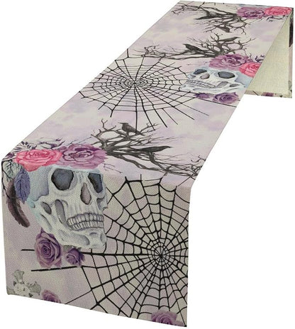 Halloween Table Runner Purple Skeleton Spider Web Ravens Gothic Spooky Runner Kitchen Dinning Decor for Indoor Outdoor Holiday Home Wedding Party 13x120 Inch
