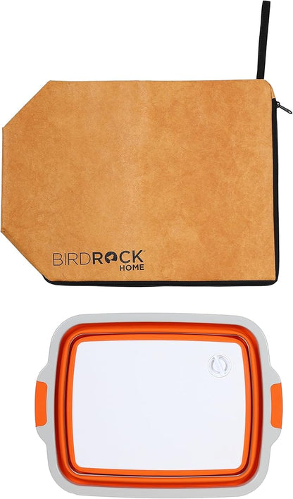 BIRDROCK HOME Collapsible Large BBQ Prep Tub & BBQ Resting Bag - Multi-Function Grill Caddy w/Colander & Lid, Portable Silicone Dish Bowl for Picnic, Tailgate, Camping - Orange & Brown