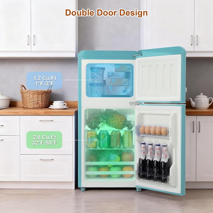Retro Mini Fridge with Freezer 4.0 Cu. Ft, Small Refrigerator with 7 Level Adjustable Thermostat, Compact Classic Dual Door Fridge Removable Glass Shelves for Apartments, Dorm, Office, Mint Green | 7 Level Adjustable Thermostat, Compact Classic Dual Do...