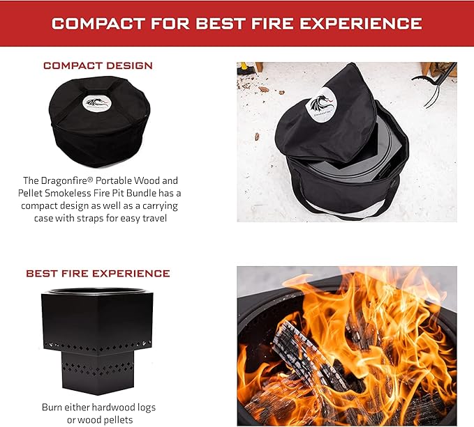 Dragonfire Portable Smokeless Firepit, Accessories Included: Base Stand and Carrying Case. Wood Pellet/Log Burning Outdoor Fire Pit. Black Finish, 22 Inch Size, with Nesting Base for Compact Storage.