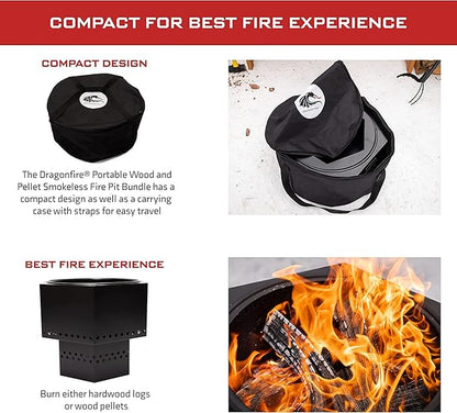 Dragonfire Portable Smokeless Firepit, Accessories Included: Base Stand and Carrying Case. Wood Pellet/Log Burning Outdoor Fire Pit. Black Finish, 22 Inch Size, with Nesting Base for Compact Storage.