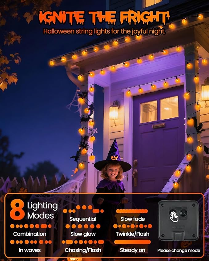 LORRYTE 2 Pack 64FT 100 LED Crystal Globe Solar Halloween Lights, Orange | Halloween String Lights Outdoor Waterproof, 8 Modes, Solar Powered Halloween Decorations for Outside Garden Patio Party Yard