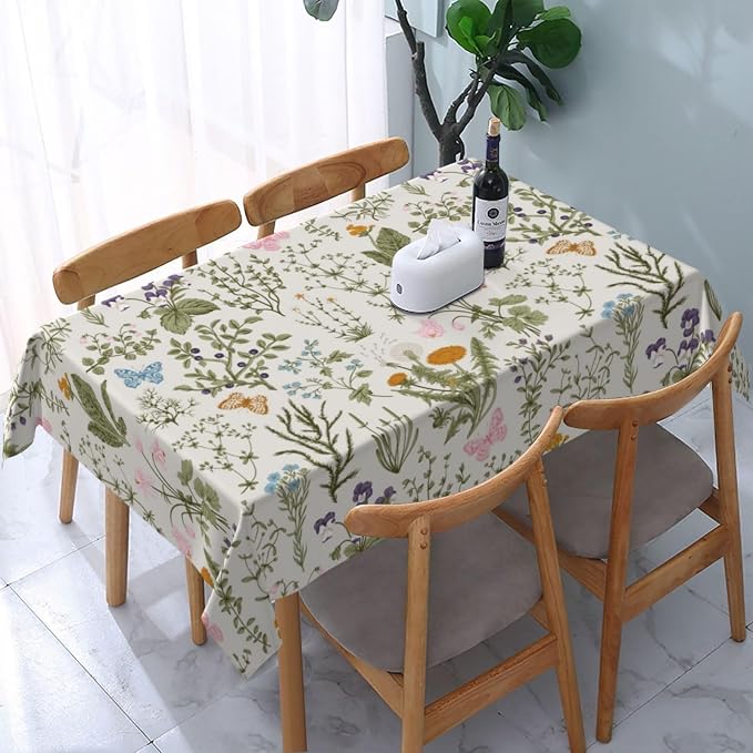 Vintage Floral Rectangle Tablecloth for Kitchen Dinner Picnic Party | 54"x72" Herbs and Wild Flowers Table Cloth Spring Summer Farmhouse Home Decor Cute Botanic Table Cover