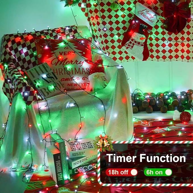 QITONG 165ft 500 LED Red White and Green String Lights, 8 Modes Twinkle String Lights Outdoor Waterproof, Green Wire Christmas Tree Lights Plug in Indoor