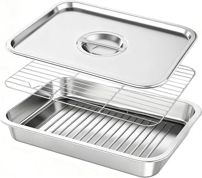 Grill Prep Tray with Lid 3-Piece Grill Carry System | Stainless Steel Marinating Container for BBQ Meat Prep, Food Storage & Transport Tray with Rack for Raw Food Handling