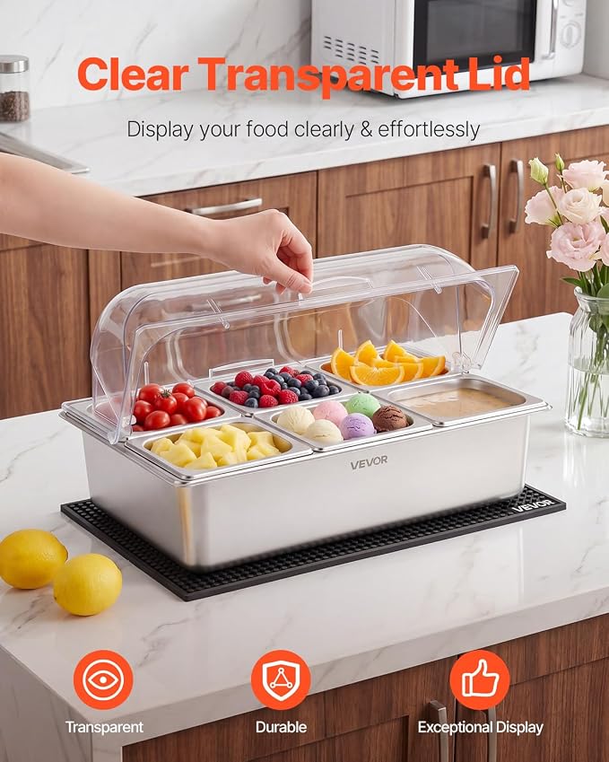 VEVOR Countertop Food Serving Display Container, Stainless Steel Food Salad Server Tray, Buffet Condiment Dispenser, Ice Cooled Rack with Clear Roll Top Cover, for Restaurant Hotel (6x1/6 Pan x2)