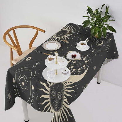 Sun Moon Tablecloth Boho Astrology Mystical Celestial Star Crescent Galaxy Space Table Cloth Water Resistant Wipeable Table Cover for Farmhouse Picnic Party Holiday Kitchen Dinner Table 55"x75"