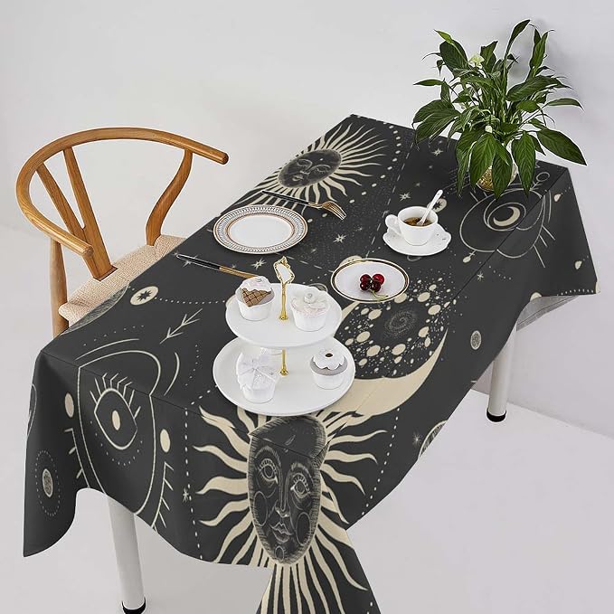 Sun Moon Tablecloth Boho Astrology Mystical Celestial Star Crescent Galaxy Space Table Cloth Water Resistant Wipeable Table Cover for Farmhouse Picnic Party Holiday Kitchen Dinner Table 60"x90"