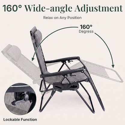 Zero Gravity Chairs Set of 4, Outdoor Folding Lounge Chairs | Foldable Reclining Patio Lawn Chairs with Mesh Back, Adjustable Pillows and Cup Holder Trays, for Pool, Beach, Backyard