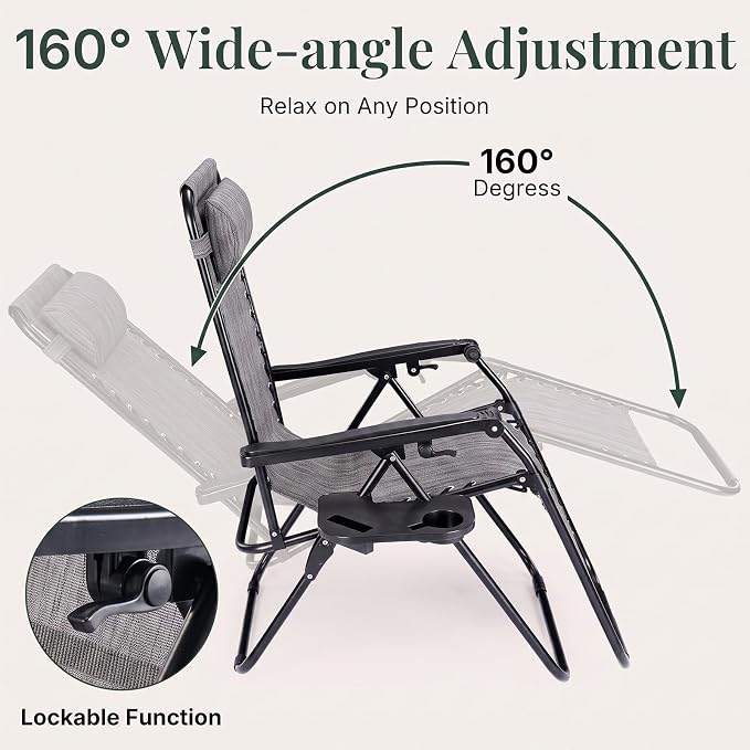 Zero Gravity Chairs Set of 2, Outdoor Folding Lounge Chairs | Foldable Reclining Patio Lawn Chairs with Mesh Back, Adjustable Pillows and Cup Holder Trays, for Pool, Beach, Backyard