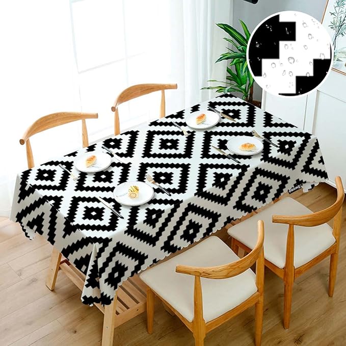 Swono Rhombus Tablecloth Ethnic Diamond White Black Table Cloth Geometric Rhombus Decorative Table Cover for Kitchen, Party Banquet and Holiday Tablecloth, 52x70 Inch(4-6 Seats)