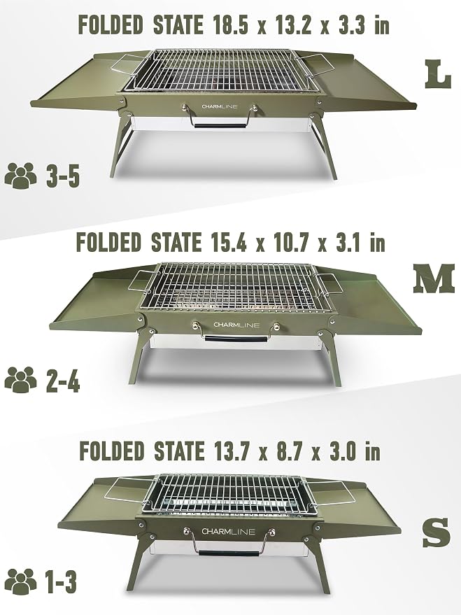 Charmline 15 x 11 inches Portable Charcoal BBQ Grill, Foldable Compact Camping Barbecue for 2–4 People, Ideal for Garden, Beach, Picnic & Tabletop Use, Green
