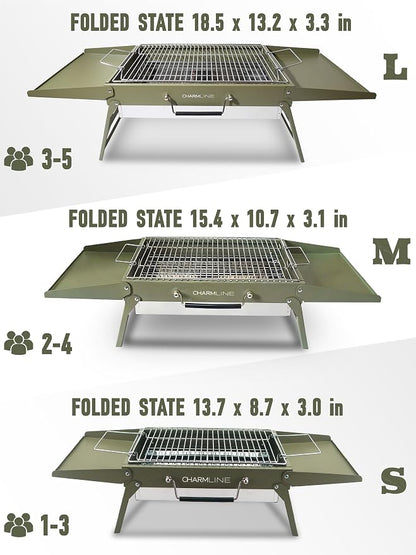 Charmline 15 x 11 inches Portable Charcoal BBQ Grill, Foldable Compact Camping Barbecue for 2–4 People, Ideal for Garden, Beach, Picnic & Tabletop Use, Green