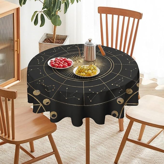 Retro Sun Moon Phases Round Tablecloth Vintage Star Magical Galaxy Space Table Cloth Water Resistant Wipeable Table Cover for Farmhouse Picnic Party Holiday Kitchen Dinner Table 36"