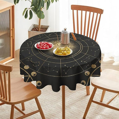 Retro Sun Moon Phases Round Tablecloth Vintage Star Magical Galaxy Space Table Cloth Water Resistant Wipeable Table Cover for Farmhouse Picnic Party Holiday Kitchen Dinner Table 36"