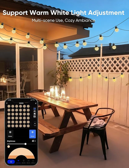 Smart Outdoor String Lights 100ft, RGBW Patio Light with 50 LED Bulb | IP65 Waterproof, 111 Scene Modes, Dimmable Warm White, Individual Control, Outdoor Patio Lights Compatible with Alexa, Google