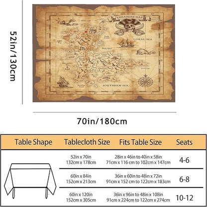 Treasure Map Brown Decorative Rectangle Tablecloth Pirate Ship Sailing Adventure Sea Monster Island Polyester Kitchen Table Cloths for Dining BBQ Picnic Coffee Table Cover 52 x 70 Inch 4-6 Seats