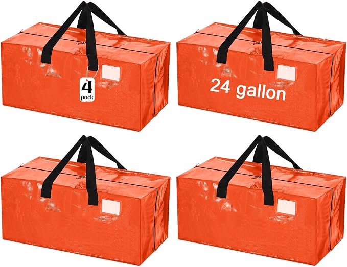 4 Pcs 24 Gallon Extra Large Moving Bags Heavy Duty Storage Bag with Strong Zipper Handle Foldable XXL Jumbo Storage Tote Packing Moving Box for College Dorm Travel Cloth Duffle (Orange)