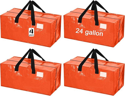 4 Pcs 24 Gallon Extra Large Moving Bags Heavy Duty Storage Bag with Strong Zipper Handle Foldable XXL Jumbo Storage Tote Packing Moving Box for College Dorm Travel Cloth Duffle (Orange)