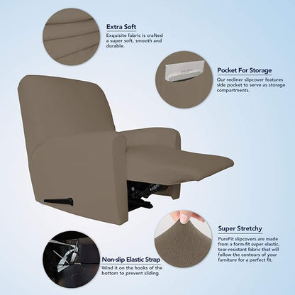 PureFit Stretc Recliner Chair Covers Fleece Soft Couch Covers for Sofa | Natural 4-Pieces Recliner Slipcover Pocket Couch Protector, Fleece Sofa Cover Washable with Non Slip Elastic Bottom