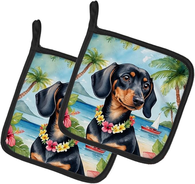 Caroline's Treasures Dachshund Luau Pair of Pot Holders Kitchen Heat Resistant Pot Holders Sets Oven Hot Pads for Cooking Baking BBQ, 7 1/2 x 7 1/2