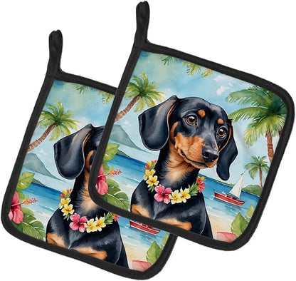 Caroline's Treasures Dachshund Luau Pair of Pot Holders Kitchen Heat Resistant Pot Holders Sets Oven Hot Pads for Cooking Baking BBQ, 7 1/2 x 7 1/2