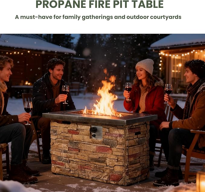 42" Propane Gas Fire Pit Table, 50,000 BTU Outdoor Patio Fire Pit, Concrete Fire Pit with Realistic Stone Base, Stainless Steel Burner, Glass Rocks & Tank Storage for Deck Backyard Garden