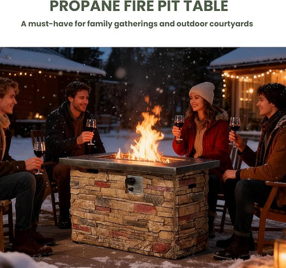 42" Propane Gas Fire Pit Table, 50,000 BTU Outdoor Patio Fire Pit, Concrete Fire Pit with Realistic Stone Base, Stainless Steel Burner, Glass Rocks & Tank Storage for Deck Backyard Garden