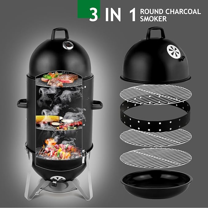 Vertical Steel Charcoal Smoker, Heavy Duty 3 Layer Round BBQ Grill, Outdoor Grill Cooker, Outdoor Camping Grill, Backyard Barbeque Grill for Outdoor Cooking, Black