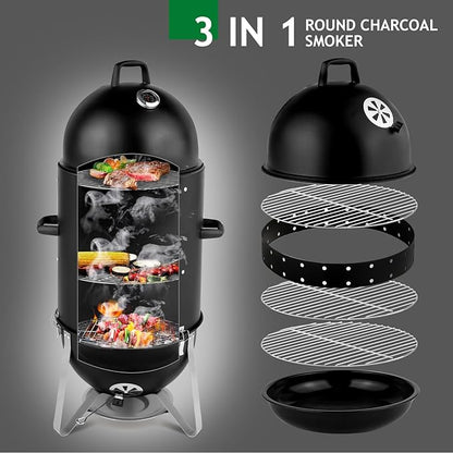 Vertical Steel Charcoal Smoker, Heavy Duty 3 Layer Round BBQ Grill, Outdoor Grill Cooker, Outdoor Camping Grill, Backyard Barbeque Grill for Outdoor Cooking, Black