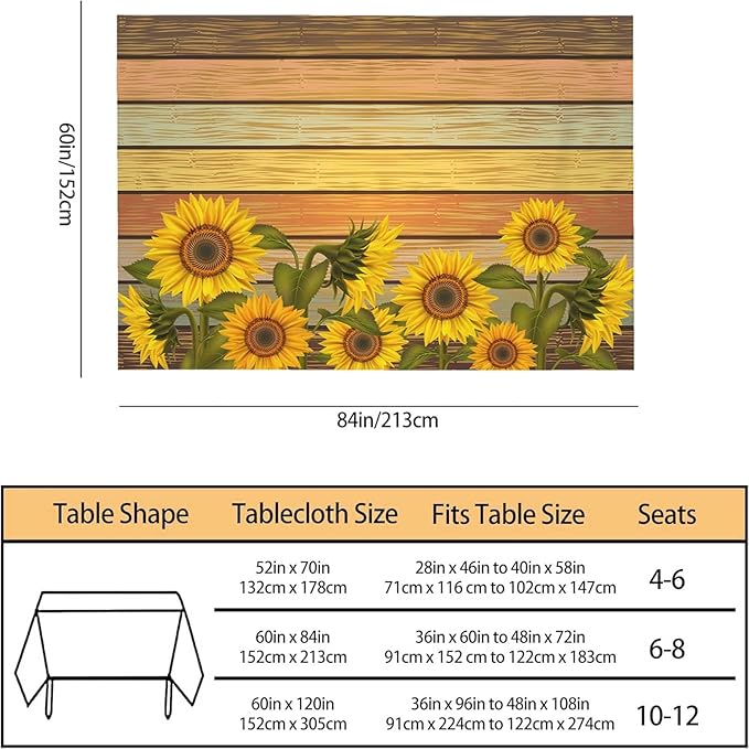 TKS MITLAN Tablecloth Sunflower Table Cloth Rectangle Table 60 x 84 Inch Retro Sunflowers on Wooden Board Kitchen Decorations for Home Dinner Party