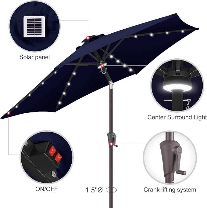 10 ft Solar Patio Umbrella Outdoor with Centre Light, Navy Blue | 24 LED Lights, UV Protection, Solar Outdoor Umbrella for Porch, Deck, Pool, Table, Garden, Provides Evening Lighting