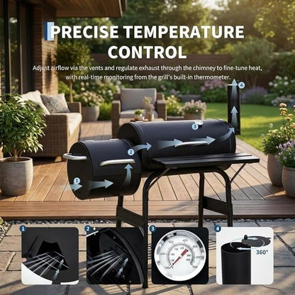 GarveeLife BBQ Charcoal Grill, Outdoor Barrel Grills with Offset Smoker, Patio Barbecue Grill and Smoker Combo with Wheels and Handle, for Garden Backyard Party Camping Picnic, Black