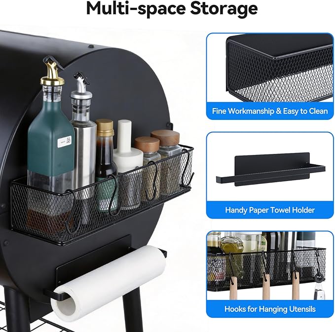 2 Pack Magnetic Storage Bins with Paper Towel Holder for Traeger Holder Accessories Outdoor Grill for Traeger Compatible with Ironwood 650/885, PRO 575/780/34/22, Pit boss, Z-Grills