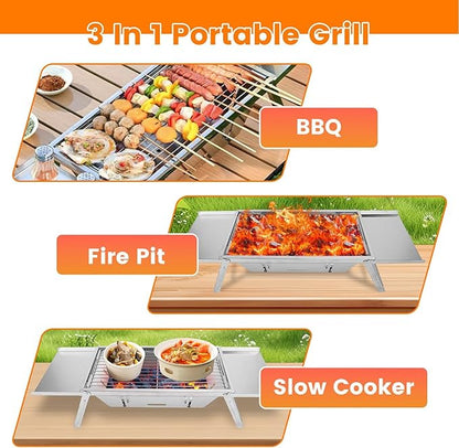 Portable Charcoal Grill, 3 In 1 Stainless Steel Foldable Table Top Charcoal Small Grill, Camping Smoker BBQ Grill with Storage Shelf for Outdoor Cooking, Travel, Camping, Backyard