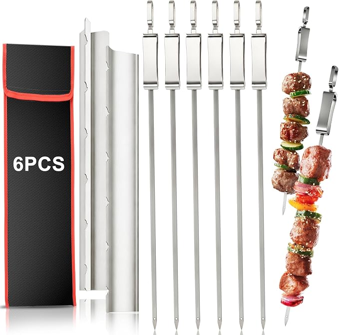 16.5" Metal Skewers for Grilling, Stainless Steel Flat Kabob Skewers | Reusable BBQ Skewers for Kebab Barbecue Grill with Push Bar and Rack, Heavy Duty Skewer Sticks for Outdoor Camping Cooking