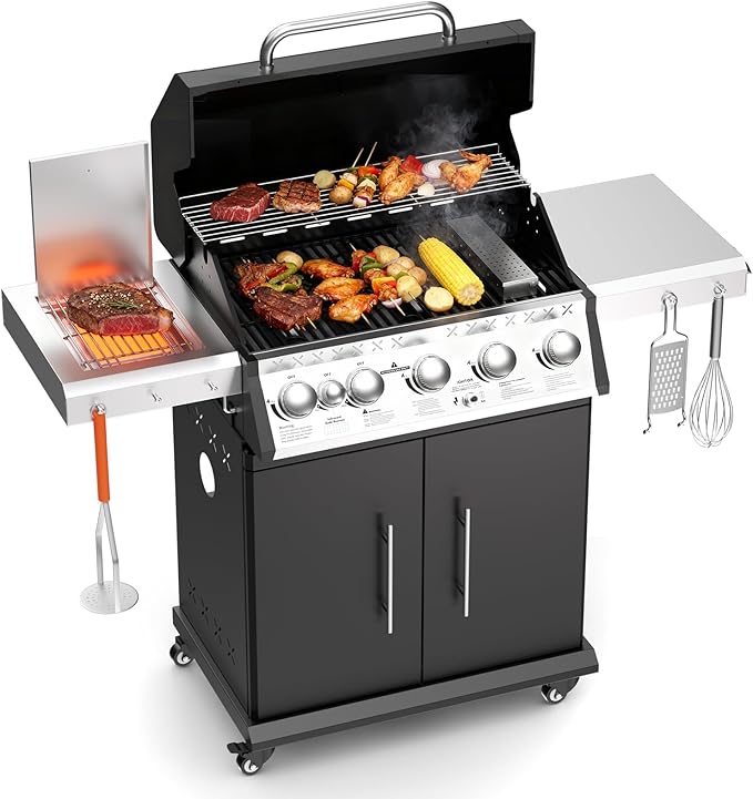 SKOK 5 Burner BBQ Grill with Infrared Side and Rear Burners,Gas Grill with Cast Iron Grates,Outdoor Barbecue Grill 72,000 BTU Output