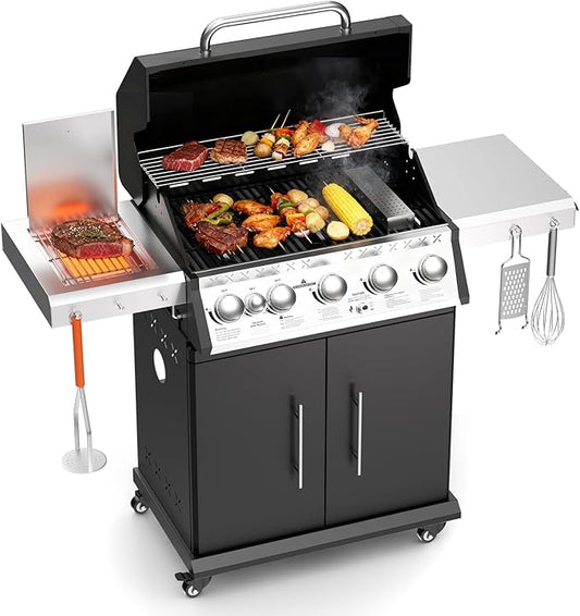 SKOK 5 Burner BBQ Grill with Infrared Side and Rear Burners,Gas Grill with Cast Iron Grates,Outdoor Barbecue Grill 72,000 BTU Output