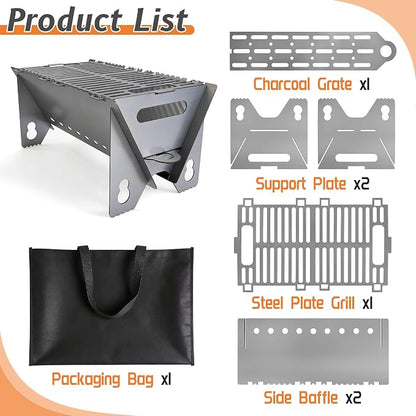 Portable charcoal Grill,Foldable Heavy Duty Camping,Non-Toxic | 15.7"x9.1"x7.9",2mm Steel Construction for Outdoor Cook, Family BBQ, Picnic，Detachable, Folds to 3cm Flat for Easy Storage