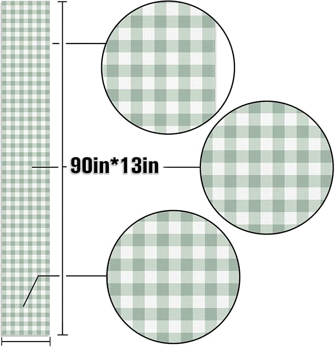 Sage Green Gingham Party Table Runner Green and White Checkered Plaid Decorations for Birthday Bridal Baby Shower Home Dining Kitchen Island Decor (13" x 90")