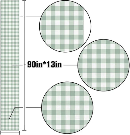 Sage Green Gingham Party Table Runner Green and White Checkered Plaid Decorations for Birthday Bridal Baby Shower Home Dining Kitchen Island Decor (13" x 90")