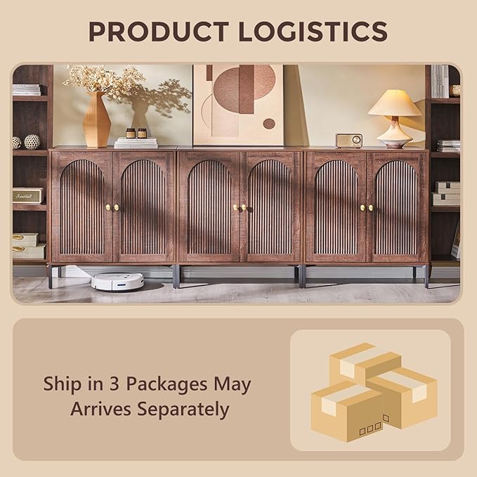 IFGET Modern Buffet Cabinet with Storage, 92.63" W Fluted Arched Sideboard Cabinet w/Adjustable Shelves, Wooden Modular Coffee Bar for Dining Room, Kitchen, Living Room, Entryway, Brown