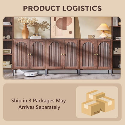IFGET Modern Buffet Cabinet with Storage, 92.63" W Fluted Arched Sideboard Cabinet w/Adjustable Shelves, Wooden Modular Coffee Bar for Dining Room, Kitchen, Living Room, Entryway, Brown