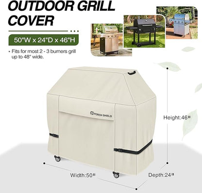 Porch Shield 50W x 24D x 46H inch Premium Gas Grill Cover Up to 48 inch, Waterproof and Fade Resistant 600D BBQ Covers for Weber, Brinkmann, Char-Broil and More, Light Tan