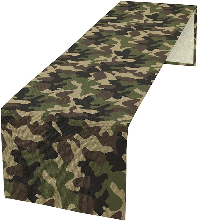 Camouflage Table Runner Classic Masking Camo Green Brown Black Olive Colors Retro Inspired for Indoor Outdoor PartyHolidayWeddingGathering 13x36in