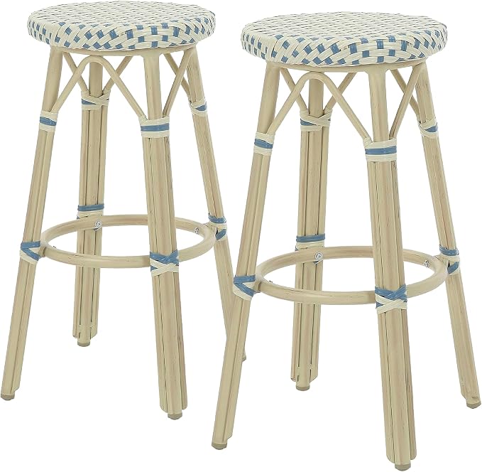 Seadrift Boho 30-inch Aluminum and All-Weather Wicker Barstools with Footrest, Patio Stools & Bar Chairs for Outdoor, Kitchen Counter, Poolside, Yard, Set of 2, Blue and Beige