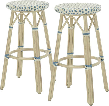 Seadrift Boho 30-inch Aluminum and All-Weather Wicker Barstools with Footrest, Patio Stools & Bar Chairs for Outdoor, Kitchen Counter, Poolside, Yard, Set of 2, Blue and Beige