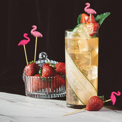 150 PCS Cocktail Picks Cute Flamingo Handmade Sticks Wooden Fruit Toothpicks Party Decorations Appetizer Skewers for Valentine's Day